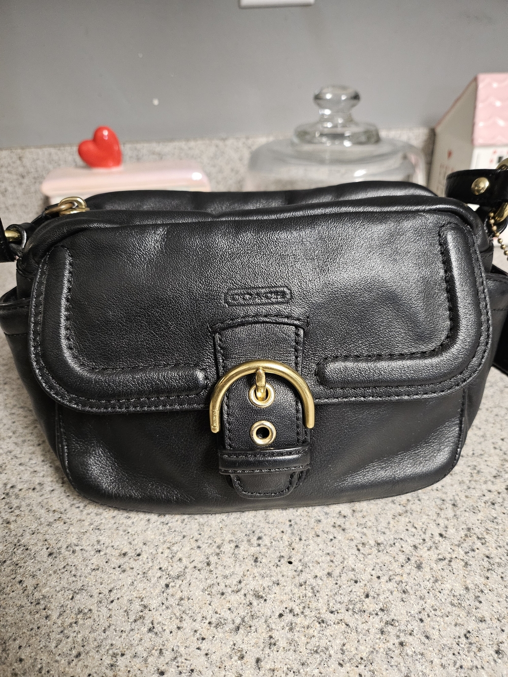 COACH Black Leather Crossbody Bag with Gold Buckle
